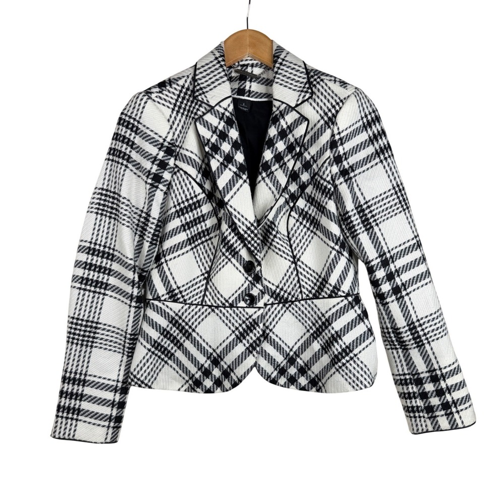 White House Black Market Plaid Blazer Jacket size 6 White/Black